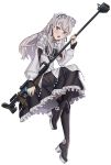  1girl absurdres butterfly_hair_ornament chaika_trabant chaika_trabant_(cosplay) cosplay dress ebinku fire_emblem fire_emblem:_three_houses full_body gun hair_ornament hairband highres hitsugi_no_chaika holding holding_gun holding_weapon lolita_hairband long_hair long_sleeves lysithea_von_ordelia open_mouth pink_eyes platform_footwear rifle simple_background sniper_rifle solo weapon white_background white_hair 