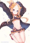  1girl abigail_williams_(fate/grand_order) arms_up bandaid_on_forehead bangs bikini black_bikini black_bow black_jacket blonde_hair blue_eyes blush bow breasts closed_mouth collarbone crossed_bandaids emerald_float fate/grand_order fate_(series) forehead frilled_bikini frills hair_bow hair_bun heroic_spirit_traveling_outfit jacket jumping long_hair looking_at_viewer multiple_bows open_clothes open_jacket orange_belt orange_bow parted_bangs polka_dot polka_dot_bow red_footwear sleeves_past_fingers sleeves_past_wrists small_breasts smile solo suzuho_hotaru swimsuit thighs white_background 