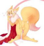  &lt;3 all_fours anthro balls butt canid canine cream_hair fennec fluffy fluffy_tail fox fur genitals hair hand_on_butt hi_res humanoid_genitalia humanoid_penis inner_ear_fluff looking_at_viewer male mammal mantle paws penis pink_penis simple_background smile solo tail_tuft tuft white_body white_fur yellow_body yellow_fur ziffir 