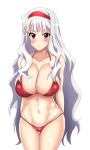  1girl absurdres ass_visible_through_thighs bikini breasts cameltoe covered_nipples cowboy_shot hairband highres idolmaster idolmaster_(classic) large_breasts looking_at_viewer purple_eyes red_bikini red_hairband shijou_takane silver_hair simple_background solo swimsuit tessa_1178 thigh_gap white_background 