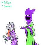 2020 anthro clothed clothing disney duo ears_down english_text five_nights_at_freddy&#039;s fully_clothed fur grey_body grey_fur hi_res judy_hopps lagomorph leporid looking_at_another mammal pivoted_ears purple_body purple_eyes purple_man_(fnaf) rabbit simple_background text theblueberrycarrots vial video_games white_background zootopia 