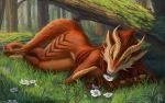  2020 anthro aurru brown_body brown_fur brown_hair day detailed_background digital_media_(artwork) dragon female forest fur furred_dragon grass hair horn moss nude outside solo tree wingless_dragon 