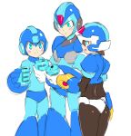  1girl 2boys aile android ass blue_eyes blush bodystocking bodysuit brown_hair closed_mouth gloves helmet model_x multiple_boys open_mouth rockman rockman_(character) rockman_zx short_hair simple_background smile ukimukai white_background x_(rockman) 