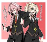  1boy anger_vein astolfo_(fate) blonde_hair braid crossdressing fate/apocrypha fate_(series) formal green_eyes hair_ribbon haoro long_hair looking_at_viewer mordred_(fate)_(all) multicolored_hair otoko_no_ko pink_hair ponytail purple_eyes ribbon suit tagme white_hair 