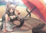  1girl :d animal_ear_fluff animal_ears arknights arm_support bag bangs bare_legs bare_shoulders barefoot beach beach_towel beach_umbrella black_scarf black_shorts blush breasts cat_ears cat_tail cleavage cloud commentary crop_top day hair_over_one_eye hand_up highres jacket large_breasts long_hair long_ponytail long_sleeves looking_at_viewer midriff navel off_shoulder open_clothes open_jacket open_mouth outdoors red_umbrella scarf schwarz_(arknights) shadow short_shorts shorts silver_hair smile solo stomach tail thighs towel umbrella uth_95 very_long_hair white_jacket yellow_eyes 