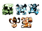  commentary creature english_commentary full_body galarian_form galarian_mr._mime galarian_weezing galarian_yamask gen_8_pokemon mr._rime multiple_monochrome no_humans pat_attackerman pixel_art pokemon pokemon_(creature) runerigus simple_background smile standing white_background 