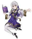  1girl absurdres book chaika_trabant closed_mouth cosplay dress ebinku fire_emblem fire_emblem:_three_houses full_body high_heels highres hitsugi_no_chaika holding holding_book long_hair long_sleeves lysithea_von_ordelia lysithea_von_ordelia_(cosplay) open_book purple_eyes silver_hair simple_background solo white_background white_legwear 