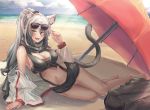  1girl :d animal_ear_fluff animal_ears arknights arm_support bag bangs bare_legs bare_shoulders barefoot beach beach_towel beach_umbrella black_scarf black_shorts blush breasts cat_ears cat_tail cleavage cloud commentary crop_top day eyewear_on_head hair_over_one_eye hand_up highres jacket large_breasts long_hair long_ponytail long_sleeves looking_at_viewer midriff navel off_shoulder open_clothes open_jacket open_mouth outdoors red_umbrella scarf schwarz_(arknights) shadow short_shorts shorts silver_hair smile solo stomach sunglasses tail thighs towel umbrella uth_95 very_long_hair white_jacket yellow_eyes 