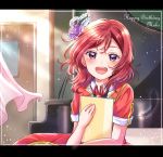  1girl :d bangs chalkboard character_name curtains door eneco feathers flower frame grand_piano hair_flower hair_ornament happy_birthday highres indoors instrument letterboxed light_particles light_rays looking_at_viewer love_live! love_live!_school_idol_project nishikino_maki open_mouth piano purple_eyes red_hair short_sleeves smile solo upper_body 