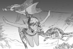  1girl coral fish i-401_(kantai_collection) monochrome outstretched_arms ponytail rigging sailor_collar sebas_murasaki stingray turtle underwater 