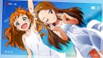  2girls :d aircraft airplane akizuki_ritchan aqua_eyes battery_indicator blush bow brown_hair closed_mouth dress hairband hand_up highres idolmaster idolmaster_(classic) long_hair looking_at_viewer minase_iori multiple_girls one_eye_closed open_mouth orange_hair pink_eyes recording ribbon smile smoke_trail takatsuki_yayoi timer viewfinder white_dress 