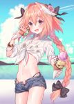  1boy astolfo_(fate) bangs beach bikini bikini_under_clothes black_bikini black_bow blue_shorts blue_sky blush bow braid collared_shirt denim denim_shorts dress_shirt fang fate/apocrypha fate/grand_order fate_(series) flower food hair_flower hair_intakes hair_ornament ice_cream long_braid long_hair long_sleeves looking_at_viewer midriff multicolored_hair navel ocean open_mouth otoko_no_ko pink_hair purple_eyes shirt short_shorts shorts single_braid skin_fang sky smile solo streaked_hair suzuho_hotaru swimsuit thighs tied_shirt white_hair white_shirt 