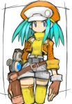  1girl alternate_color blue_eyes breasts cabbie_hat closed_mouth commentary_request dakusuta fingerless_gloves gloves hat highres jacket looking_at_viewer rockman rockman_dash roll_caskett shorts simple_background solo thighhighs 