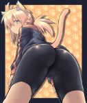  animal_ears antenna_hair ass bike_shorts blonde_hair cat_ears cat_tail from_behind highres jacket koshirae_tsurugi long_hair m.m multicolored multicolored_eyes original paw_background ponytail sidelocks smile tail track_jacket 