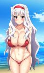  1girl absurdres ass_visible_through_thighs beach bikini blue_sky breasts cameltoe cloud covered_nipples cowboy_shot day hairband highres idolmaster idolmaster_(classic) large_breasts looking_at_viewer mountain outdoors purple_eyes red_bikini red_hairband shijou_takane silver_hair sky solo swimsuit tessa_1178 thigh_gap 