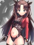  1girl belly black_hair black_legwear blue_eyes commentary commentary_request dual_wielding eniguma. fate/stay_night fate_(series) hair_ribbon holding leotard long_hair looking_at_viewer ribbon solo standing sword thighhighs toosaka_rin twintails weapon 