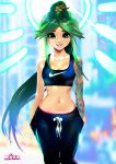  1girl arm_tattoo breasts cleavage collarbone commentary contemporary english_commentary facing_viewer green_eyes green_hair halo hands_in_pockets high_ponytail kid_icarus kid_icarus_uprising lips lipstick long_hair looking_at_viewer makeup midriff navel nike palutena pants product_placement smile solo sports_bra tattoo tom_skender toned track_pants very_long_hair 