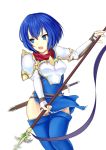  1girl armor blue_dress blue_eyes blue_hair blue_legwear breastplate catria_(fire_emblem) dress el_(el406) elbow_gloves fire_emblem fire_emblem:_mystery_of_the_emblem gloves headband highres holding holding_spear holding_weapon open_mouth pegasus_knight polearm sheath sheathed short_dress short_hair simple_background solo spear thighhighs weapon white_background white_gloves white_headband zettai_ryouiki 