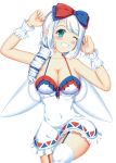  1girl ;d blue_eyes blush breasts cleavage commentary_request eyelashes gen_4_pokemon grin hair_ribbon highres large_breasts long_hair looking_at_viewer one_eye_closed open_mouth personification pokemon ribbon smile solo togekiss two-tone_ribbon white_hair yukimura_chisa 