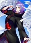  1girl akatsuki_(naruto) akatsuki_uniform blue_hair breasts flower hair_flower hair_ornament highres konan lip_piercing looking_at_viewer mattari_yufi naruto naruto_(series) open_mouth piercing short_hair solo 