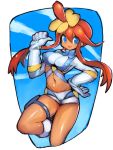  1girl blue_eyes breasts cameltoe cloud covered_nipples dakusuta fuuro_(pokemon) gloves gym_leader hair_ornament long_hair looking_at_viewer midriff navel open_mouth pokemon pokemon_(game) pokemon_bw red_hair shorts sidelocks smile solo 