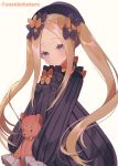  1girl abigail_williams_(fate/grand_order) alternate_hairstyle bangs black_bow black_dress black_headwear blonde_hair blue_eyes blush bow breasts closed_mouth dress fate/grand_order fate_(series) forehead hair_bow hat long_hair looking_at_viewer multiple_bows orange_bow parted_bangs polka_dot polka_dot_bow ribbed_dress sidelocks simple_background sleeves_past_fingers sleeves_past_wrists small_breasts smile solo stuffed_animal stuffed_toy suzuho_hotaru teddy_bear twintails white_background 
