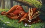 2020 anthro aurru brown_body brown_fur brown_hair clothed clothing day detailed_background digital_media_(artwork) dragon female forest fur furred_dragon grass hair horn moss outside solo tree wingless_dragon 