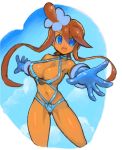  1girl blue_eyes breasts cloud dakusuta fuuro_(pokemon) gloves gym_leader hair_ornament large_breasts long_hair looking_at_viewer navel open_mouth pokemon pokemon_(game) pokemon_bw red_hair sidelocks solo swimsuit 
