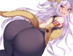  1girl ass back blush breasts cameltoe fang granblue_fantasy hair_ornament kuavera long_hair looking_at_viewer medusa_(shingeki_no_bahamut) open_mouth orange_eyes pantyhose pointy_ears red_eyes shingeki_no_bahamut silver_hair small_breasts solo surprised tail tearing_up very_long_hair white_background 
