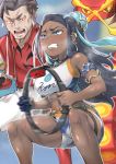  1boy 1girl absurdres armlet blue_eyes breasts centiskorch clenched_teeth dark_skin earrings exercise flaming_eyes gen_8_pokemon highres hoop_earrings jewelry kabu_(pokemon) long_hair medium_breasts midriff motion_blur moto_toshi multicolored_hair pendant pokemon pokemon_(game) pokemon_swsh ring-con ring_fit_adventure rurina_(pokemon) shorts sweat teeth towel towel_around_neck two-tone_hair 