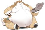  anthro belly big_belly blush box canid canine canis chubby_cheeks claws clothed clothing dewlap_(anatomy) double_chin doughnut embarrassed food fur holding_food holding_object male mammal moobs morbidly_obese morbidly_obese_male navel obese obese_male overweight overweight_male pukkunnnn sitting smile solo tan_body tan_fur thick_thighs toe_claws topless white_body white_fur 