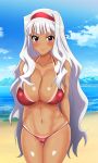  1girl absurdres ass_visible_through_thighs beach bikini blue_sky breasts cameltoe cloud covered_nipples cowboy_shot day hairband highres idolmaster idolmaster_(classic) large_breasts looking_at_viewer mountain outdoors purple_eyes red_bikini red_hairband shijou_takane silver_hair sky solo swimsuit tan tanline tessa_1178 thigh_gap 