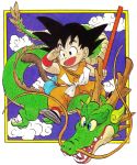  1boy :d absurdres animal arm_at_side bag black_eyes black_footwear black_hair blue_eyes blue_sky border cloud cloudy_sky collarbone commentary dougi dragon dragon_ball dragon_ball_(classic) dragon_riding english_commentary fingernails flying full_body hand_on_own_face hand_up happy highres holding holding_weapon horns looking_afar looking_away male_focus monkey_tail nyoibo official_art open_mouth outside_border riding shaded_face sharp_teeth shenlong_(dragon_ball) simple_background sky smile son_gokuu spiked_hair tail teeth toriyama_akira weapon whiskers white_background wristband yellow_border 