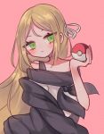  1girl blush clarevoir closed_mouth commentary_request green_eyes holding holding_poke_ball long_hair looking_at_viewer lowres original pink_background poke_ball poke_ball_(generic) pokemon solo striped striped_background upper_body very_long_hair 