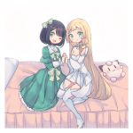  ;d asymmetrical_bangs bangs black_hair blonde_hair blush boots breasts character_doll clarevoir cleavage clefairy closed_mouth commentary commission dress english_commentary eyelashes full_body gen_1_pokemon green_dress green_eyes hair_ribbon holding_hands lillie_(pokemon) long_hair mizuki_(pokemon) on_bed one_eye_closed open_mouth pokemon pokemon_(game) pokemon_sm ribbon short_hair sitting small_breasts smile thigh_boots thighhighs white_footwear white_ribbon 