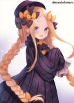  1girl abigail_williams_(fate/grand_order) alternate_hairstyle bangs black_bow black_dress black_headwear blonde_hair blue_eyes blush bow braid breasts dress fate/grand_order fate_(series) forehead hair_bow hat long_hair looking_at_viewer multiple_bows open_mouth orange_bow parted_bangs polka_dot polka_dot_bow ribbed_dress sidelocks sleeves_past_fingers sleeves_past_wrists small_breasts smile solo suzuho_hotaru twin_braids 