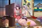  2girls bed black_hair black_shorts blush book_stack bow_(weapon) bowl breasts bullet_bill can cape clyde_panda controller english_commentary fate/grand_order fate_(series) figure fingerless_gloves food game_controller gloves hair_ribbon headband hood hood_down hooded_cape large_breasts long_hair luigi multiple_girls night night_sky oni_horns osakabe-hime_(fate/grand_order) pillow pink_skirt pizza pizza_box playing_games playstation_controller ponytail red_eyes red_gloves red_horns red_ribbon ribbon seiza shirt short_shorts shorts signature silver_hair sitting sitting_on_pillow skirt sky television tomoe_gozen_(fate/grand_order) weapon white_shirt window 
