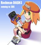  1girl bike_shorts blonde_hair brown_gloves cabbie_hat closed_mouth english_text gloves green_eyes handheld_game_console hat jacket long_hair looking_at_viewer nintendo_3ds red_headwear red_shorts rockman rockman_dash roll_caskett short_sleeves shorts smile solo yuusuke_(5yusuke3) 