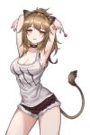  1girl animal_ears arknights armpits arms_up bangs bare_shoulders black_choker blush breasts brown_eyes brown_hair candy choker cleavage cowboy_shot eyebrows_visible_through_hair fangs food fur-trimmed_shorts fur_trim highres holding holding_food large_breasts lion_ears lion_tail lollipop long_hair looking_at_viewer parted_lips red_shorts shao_(shao09320653) short_shorts shorts siege_(arknights) simple_background solo standing tail tank_top thighs white_background white_tank_top 