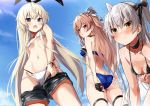  3girls amatsukaze_(kantai_collection) ass bikini black_bikini black_legwear black_ribbon blonde_hair blue_bikini blue_swimsuit blush breasts brown_eyes gloves grey_hair hair_ornament hair_ribbon johnston_(kantai_collection) kantai_collection light_brown_hair long_hair looking_back medium_breasts multiple_girls pants_down ribbon shimakaze_(kantai_collection) shorts shorts_removed silver_hair single_glove small_breasts string_bikini swimsuit swimsuit_pull takanashi_kei_(hitsujikan) two_side_up white_bikini yellow_eyes 