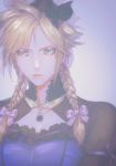  1boy aqua_eyes bangs blonde_hair blurry bow braid breasts cleavage cleavage_cutout cloud_strife commentary_request crossdressing depth_of_field dress earrings eyelashes eyeshadow final_fantasy final_fantasy_vii final_fantasy_vii_remake frilled_dress frills hair_bow hair_ornament highres jewelry lips lipstick looking_away makeup medium_hair necklace parted_bangs portrait sageo_yn sidelocks solo twin_braids two-tone_dress 