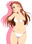  1girl absurdres bikini breasts brown_hair cleavage commentary_request cowboy_shot hairband hands_on_own_face highres idolmaster idolmaster_(classic) idolmaster_2 long_hair looking_at_viewer medium_breasts minase_iori one_eye_closed red_eyes shadow simple_background solo supudere_(doki2sdale) swimsuit white_background white_bikini 