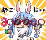  1girl :d animal_ear_fluff animal_ears bangs blue_hair bow braid bunny_ears carrot_hair_ornament chibi detached_sleeves dress eyebrows_visible_through_hair facing_viewer food_themed_hair_ornament hair_bow hair_ornament hololive kanikama lowres multicolored_hair open_mouth puffy_short_sleeves puffy_sleeves red-framed_eyewear short_eyebrows short_sleeves sidelocks smile solo sunglasses thick_eyebrows translation_request twin_braids twintails two-tone_hair upper_body usada_pekora virtual_youtuber white_bow white_dress white_hair white_sleeves 