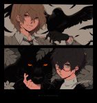  2boys akechi_gorou amamiya_ren animal animal_on_hand bird bird_on_hand black_bird black_border black_cat black_feathers black_gloves black_hair border brown_eyes brown_hair brown_jacket cat closed_mouth collar collared_jacket collared_shirt crow feathers glasses gloves grey_eyes ivxxx jacket long_sleeves looking_at_viewer male_focus multiple_boys necktie panther persona persona_5 red_eyes round_eyewear shirt short_hair smile striped striped_neckwear sweater turtleneck turtleneck_sweater upper_body white_shirt 