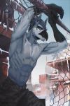  5_fingers abs anthro avian beak bird claws clothed clothing detailed_background digital_media_(artwork) feathers featureless_chest fence fingers hi_res hitmore leaning male muscular muscular_male outside scar snow solo standing topless 