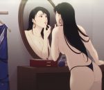  1girl applying_makeup arm_support ass black_hair blonde_hair bottle breasts brown_eyes clothes_hanger crescent crescent_earrings dress earrings final_fantasy final_fantasy_vii final_fantasy_vii_remake jewelry large_breasts leaning_forward lipstick lipstick_tube makeup mirror mushisotisis parted_lips perfume_bottle reflection sideboob solo thong tifa_lockhart topless vanity_table 