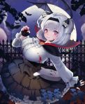  1girl absurdres bat blood blood_on_face breasts fang fingerless_gloves gloves guunhanchi head_wings highres large_breasts last_origin looking_at_viewer moon night outdoors red_eyes smile solo t-13_alvis two_side_up white_hair 