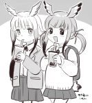  2girls :d alternate_costume bangs blunt_bangs blush bubble_tea child commentary_request cup disposable_cup eyebrows_visible_through_hair greyscale hair_bobbles hair_ornament head_wings highres jacket japanese_crested_ibis_(kemono_friends) kemono_friends long_sleeves monochrome multicolored_hair multiple_girls open_clothes open_jacket open_mouth scarlet_ibis_(kemono_friends) short_hair_with_long_locks sidelocks simple_background skirt smile suicchonsuisui tail twintails younger 