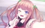  .live bassa blush brown_hair collarbone finger_to_cheek hair_ornament heart heart-shaped_pupils kakyouin_chieri long_hair looking_at_viewer one_eye_closed open_mouth pov symbol-shaped_pupils virtual_youtuber 