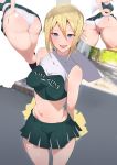  1girl :d absurdres agovitch artist_name ass bare_shoulders blonde_hair blue_eyes blush breasts cheerleader clothes_writing collarbone crop_top green_shirt green_skirt hair_between_eyes hand_on_hip highres holding_pom_poms looking_at_viewer medium_breasts midriff miniskirt multiple_views navel open_mouth original panties pantyshot pleated_skirt pom_poms shirt short_hair skirt skirt_lift sleeveless sleeveless_shirt smile standing sweat thighs underwear 